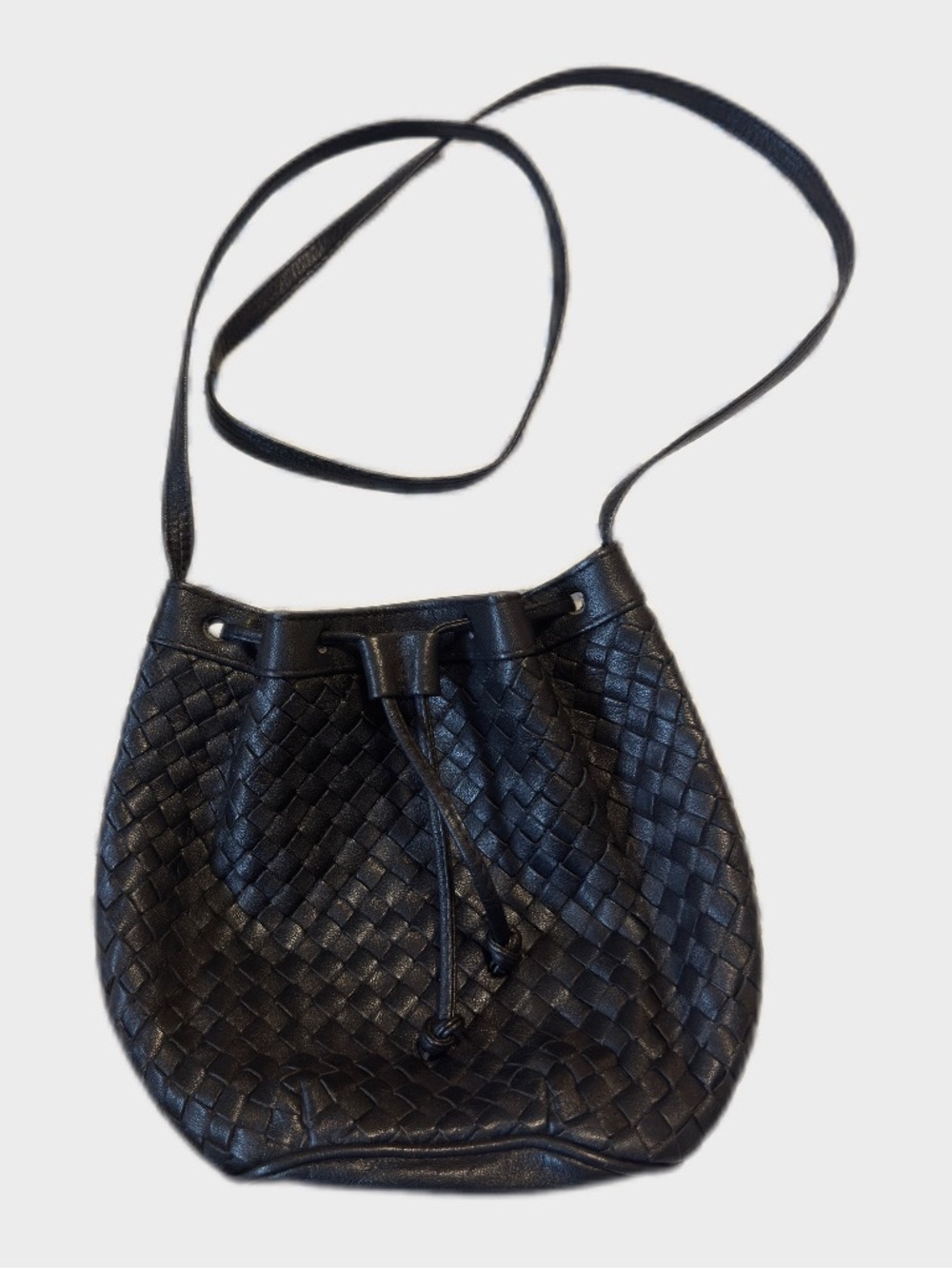 Vintage Ganson Black Woven Leather Drawstring Mini Bucket Crossbody Bag